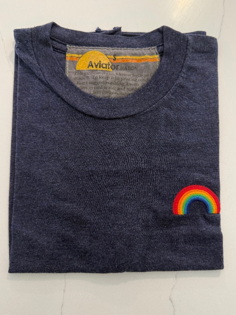 Aviator Nation Blue Boyfriend Short Sleeve Tee Shirt Size S Embroidered Rainbow